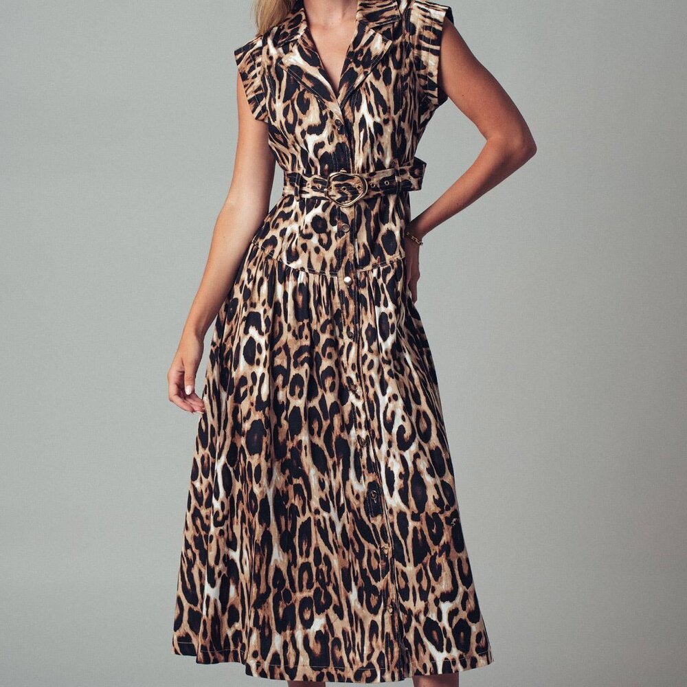 Belted Leopard Print Midi Dress